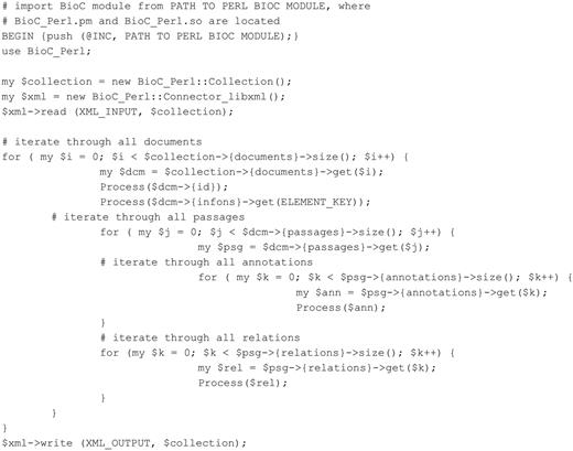 Perl code accessing BioC data (tested with Perl 5.8.8).