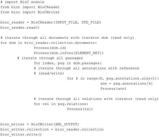 PyBioC code accessing BioC data.