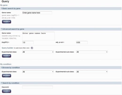 Query page. Two main approaches for query data are either by gene of interest or by condition of interest. Advanced search can be used to set additional properties that can add constrains in the query by gene name. Querying by a condition can be either by selection of the experimental classed or subclasses from the menu or by using a keyword.