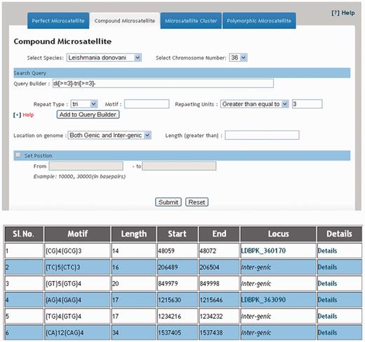 Result displaying compound repeats of any dinucleotide and trinucleotide repeat combination in 36 th chromosome of L. donovani .