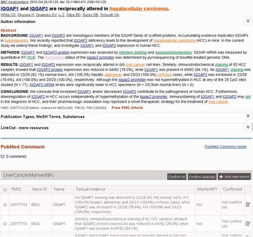 An augmented abstract on PubMed (PMID 20977743). The mentions of gene, disease, PTM and investigation techniques are highlighted in blue, brown, purple and green, respectively.