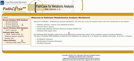 PathCase-MAW homepage. ( A ) Browser links to pathways/reactions/metabolites stored in the database. ( B ) Link to the built-in queries. ( C ) Link to the SMDA tool. ( D ) Link to legacy tools. ( E ) Details page reporting summary statistics about the database.