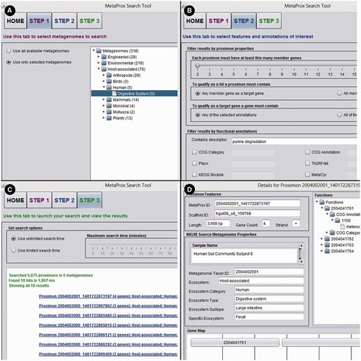 MetaProx graphical user interface. Portions of the MetaProx graphical user interface are shown including the Source tab (A), the Target tab (B) and the Query tab (C). Clicking on a proximon link in the Query tab will display the corresponding Proximon Details panel (D) and clicking on a gene link in the Proximon Details panel will display the corresponding Gene Details panel (not shown).