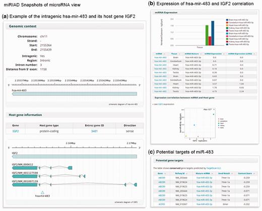 A summary of the main information presented in miRIAD for the intragenic mir-483 and its host gene IGF2.