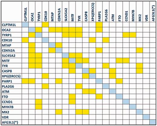 The co-expression matrix for the MelGene top genes that showed genome-wide significant ( P < 5x10 −8 ) evidence for association with CM risk.
