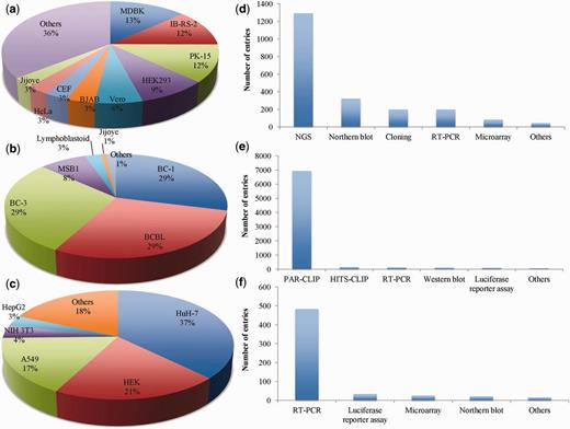 VIRmiRNA statistics: Pie charts (a–c) representing statistical distribution of cell lines and bar graphs (d–f) depicting the statistical trend of experimental methods used in the three subdatabases viz VIRmiRNA, VIRmiRtar and AVIRmiR, respectively. NGS, next generation sequencing; RT-PCR, real-time PCR; CLIP, cross-linking immunoprecipitation.