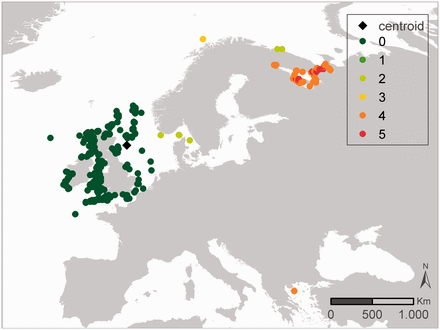 Synthesis map representing the combined results of the outlier analyses of Verruca stroemia from Figure 4 . The scale represents the number of times a species distribution is seen as an outlier, when combining the eight outlier analyses—geography, bathymetry, Sea Surface Salinity (SSS) and Sea Surface Temperature (SST) SSS and SST according to the IQR and MAD approach—from Figure 4 . The black diamond indicates the centroid of the investigated data.