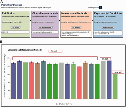 ( A ) Final search page before generating a report in PhenoMiner. A total of 18 records were retrieved by limiting data to four ontologies: Rat Strain, Clinical Measurement, Measurement Method and Experimental Condition. The record distribution in each ontology is shown in parentheses following the term. ( B ) Chart display of MAP data set generated in PhenoMiner. These records are from SS/Jr (RGD: 10041) on controlled sodium content diets: low, 2%, or 8%. Each bar represents one experiment and the experimental conditions and measurement methods associated with the experiment are color coded and explained under “Conditions and Measurement Methods.” To simplify the display, these experimental details of each bar are omitted. (Data accessed June 2014)