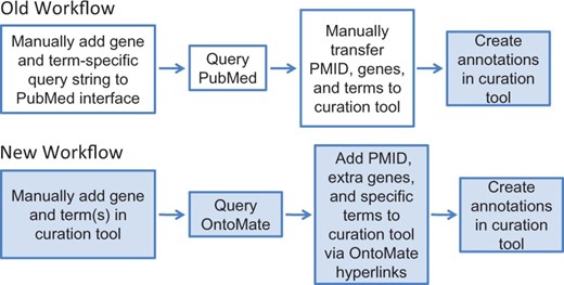 RGD’s old and new workflows for manual gene curation. White boxes represent tasks involving the PubMed interface and colored boxes represent processes done in the RGD curation tool interface. The new workflow has reduced the processes of the old workflow from two interfaces to one interface.