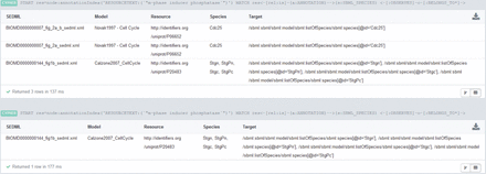 Results for Query BM3. The query output at the top of the figure restricts the species role to ‘modifier’. Three SED-ML files match. The first and second files belong to the same model and both observe the species Cdc25 . The third query result is a SED-ML file observing four different species. The query output at the bottom of the figure shows the result of a similar query. Here the species must act as ‘reactants’. Only one SED-ML file is retrieved, namely the third result of the top query. All retrieved species (declared as observed by a SED-ML file) are annotated with a UniProt ID. The annotation is either P06652 , the protein Cdc25 in yeast, or P20483 , the protein Stg ( Cdc25 ) in the fruit fly. Simulation files for CellML files are not retrieved, because CellML files are not yet fully annotated. If the CellML version of the Novak 1997 model had annotations corresponding to ‘m-phase inducer phosphatase’, the database would have also returned the simulation description for that model.