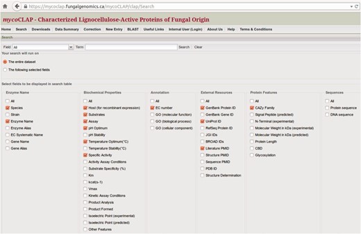 Configuration of the data table. Selected fields will be displayed in the search-results table.