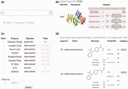 Screenshots of EpiDBase showing (a) protein and ligand-based text search; (b) results of protein-based text search; (c) advanced search dialog box for ligand search based on advanced properties such as MW, IC 50 , hydrogen bond donor, acceptor count, K i and so on; (d) results of advanced search based on MW cutoff of >300 and IC 50 <5 and filtered by protein HDAC1.