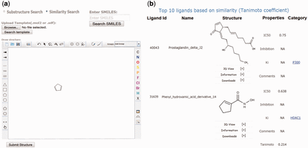 Screenshots of the EpiDBase webpage showing (a) substructure and similarity search and (b) results of similarity search.