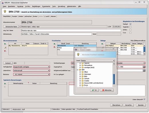 Form with main data of an accession. It is part of the management module and enables access to all information about an accession. It allows the curators to manage all this information at a central location. Details of the domain objects related to the accession can be edited on the different tabs.