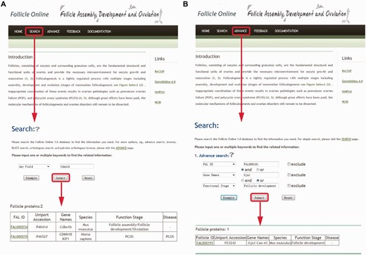 (A) Screen shots of user interface—simple search. Simple search query using one of the six options provided e.g. Gene Name. (B) Screen shots of user interface—advance search. The search mode is an advanced search with multiple parameters that permits retrieval of very fine subsets of data.