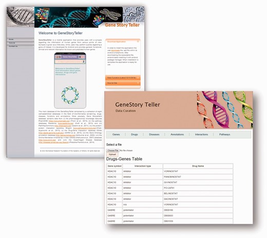 ( A ) Main web application page can be found on http://bioserver-3.bioacademy.gr/Bioserver/GeneStoryTeller/ . Users are able to find information regarding the installation process, as well as a tutorial page with an example usage pipeline. ( B ) Administrative curation page where update can be performed for each category (Genes, Drugs, Diseases, Annotation, Interaction and Pathways).
