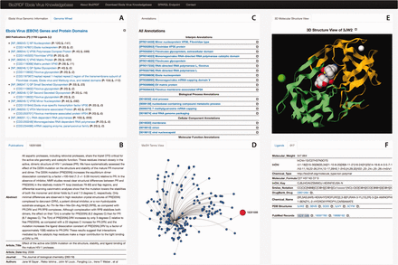 Ebola-KB Dashboard: ( A ) Summarized List of the EBOV Genes and Protein Domains, and the EBOV Genomic Wheel, ( B ) Publications associated with a genomic region and additional information for any selected publication, ( C ) InterPro and Gene Ontology Annotations, ( D ) MeSH Terms View, ( E ) 3D-Molecular structure View for PDB entities and ( F ) Associated Ligands and additional information on any selected ligand.