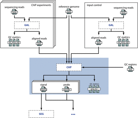 Embedding of the CHP process in a research project. This overview illustrates the embedding of the CHP process in the DEEP research project to analyze histone ChIP-seq data (omitting steps in the wet lab). The sequencing reads are aligned according to the specification in the GAL process for both the histone marks (top left) and the input control (top right). The BAM alignment files are then input to the CHP process (blue box), which is discussed in detail in the Example above. Besides these input files, the genome assembly sequence (top middle) and some annotation BED files (right) are used as reference files in the CHP process. The output files of the CHP process (signal and peaks) are then in turn input to subsequent analyses, e.g. to a chromatin state segmentation process as illustrated here.