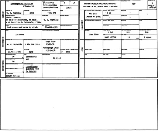 Example metadata record from the BMNH Acoustic Laboratory.