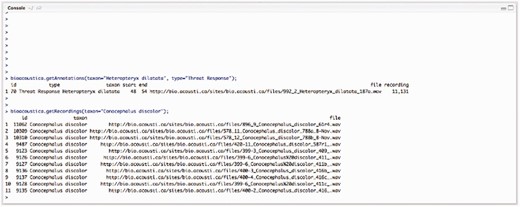 R console example of using bioacousticaR to query the BioAcoustica database of recordings and annotations.