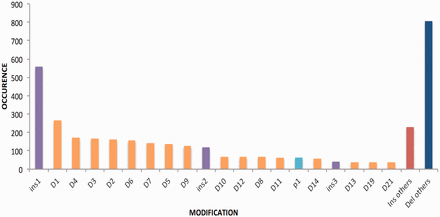 Bar graph is signifying length of insertions and deletion of various genes. Del, deletion; Ins, insertion and p, point mutation.