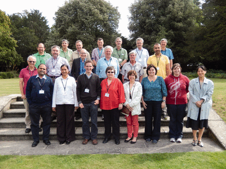 Group photo of the participants at the Protein Bioinformatics and Community Resources Retreat. The name of each participant is followed by the short name of their protein resource or resources in parentheses. Back row: David Landsman (Histone database), Dan Haft (TIGRFAMS), Bernard Henrissat (CAZy), Rob Finn (InterPro and Pfam), David Craik (ConoServer and CyBASE), Arnaud Chatonnet (ESTHER), Neil Rawlings (MEROPS); Middle row: Amos Bairoch (neXtProt), Gerard Manning (Kinase.com), Michael Spedding (IUPHAR), Gert Vriend (GPCRDB), Milton Saier (TCDB), Pantelis Bagos. (OMPdb); Front row: Narayanaswamy Srinivasan (KinG), Ramanathan Sowdhamini (PASS2), Alex Bateman. (Pfam & UniProt), Patsy Babbitt (SFLD), Kim Pruitt (RefSeq), Claire O’Donovan (UniProt), Gemma Holliday (MACiE) and Nozomi Nagano (EzCatDB).