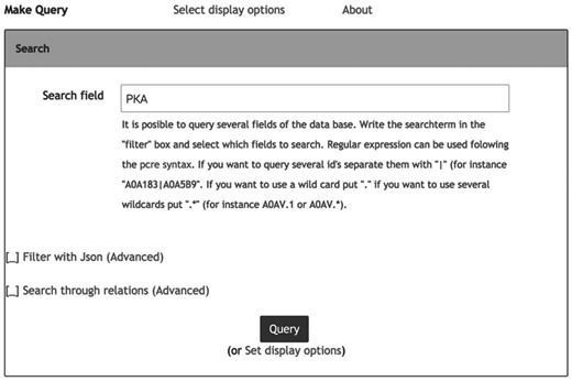 Web-based data query system. Users provide keywords into the filter input box. For complex keywords, ‘|’ and ‘+’ can be used to combine keyword with ‘or’ and ‘and’ operator, respectively.