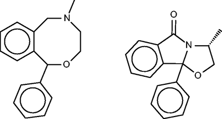 Nefopam (left) and a 40-µM inhibitor of HIV-1 reverse transcriptase inhibitor (right) identified by the pure MCS metric as similar to nefopam.