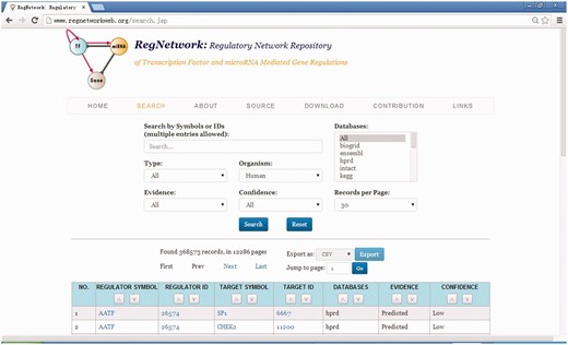 The web user interface of RegNetwork.