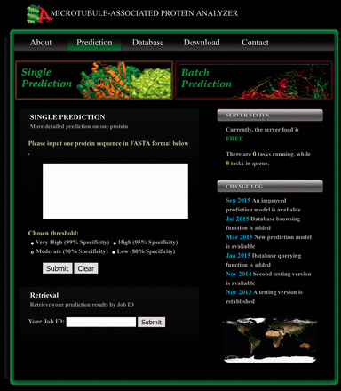 The prediction page of MAPanalyzer. Two prediction modes (i.e. the single prediction mode and the batch prediction mode) are available, and the input form for the former one is shown here. By applying the single prediction mode, a user can submit one protein sequence and the preferred threshold to run prediction. The previous prediction results can be retrieved by inputting the Job ID into the textbox located at the bottom of this prediction page.