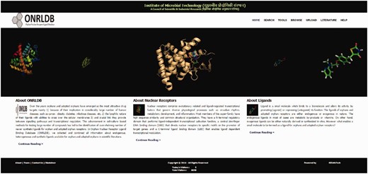 Screenshot of the ONRLDB homepage displaying various functionalities such as search, tools, browse, upload and help.