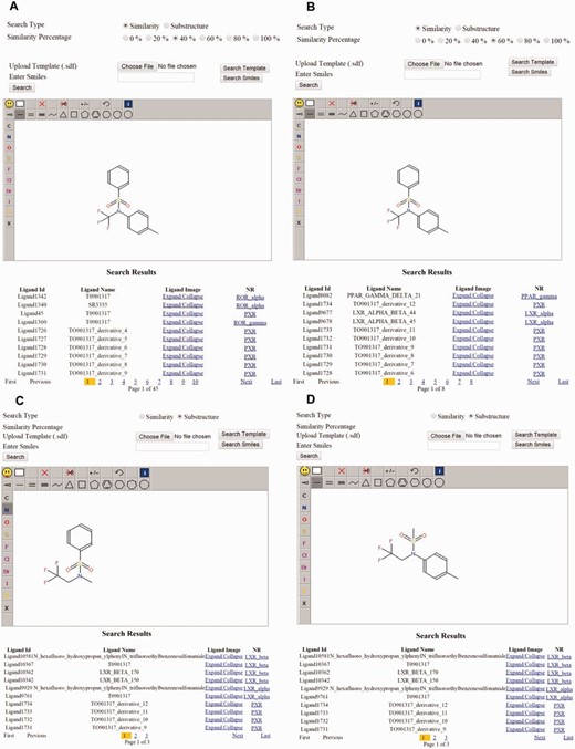 Examples of substructure and similarity-based structure search. ( a ) Similarity search for the same ligand at 40% and ( b ) 60% and the result. ( c ) Substructure search using one-half of the ligand T0901317 and the result. ( d ) Substructure search using the second half of the T0901317 and the result.