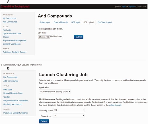 Screenshot of ChemMine tools (clone). ( a ) Screenshot of ChemMine tool displaying the compound page. ( b ) Screenshot of ChemMine tool displaying the clustering page.