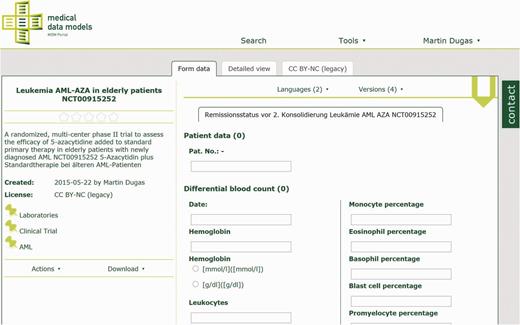Laboratory data model from AML-AZA trial with hemoglobin, leukocytes and other parameters. Semantic codes and complete code lists for each data item are available in the detailed view.