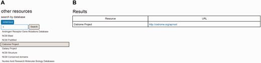 Screenshot of autocomplete function that lists eligible search terms ( A ) and basic RAAR search form and sample query result ( B ) for other resources database.