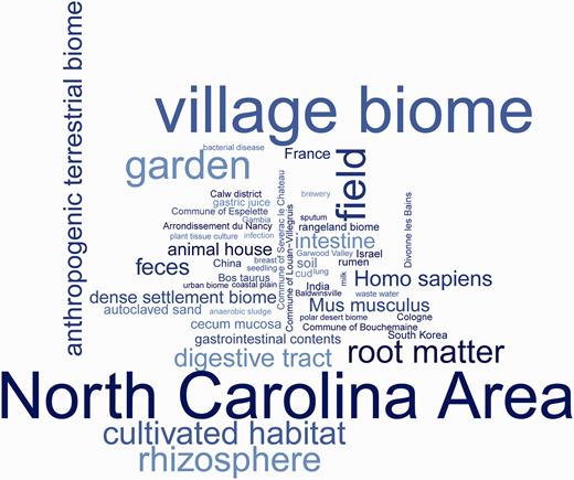 Word cloud of ontology classes annotated in the sample records as a result of the environmental Sample Record Annotation Workshop. The word cloud illustrates frequency of ontology classes usage summarised in Table 1.