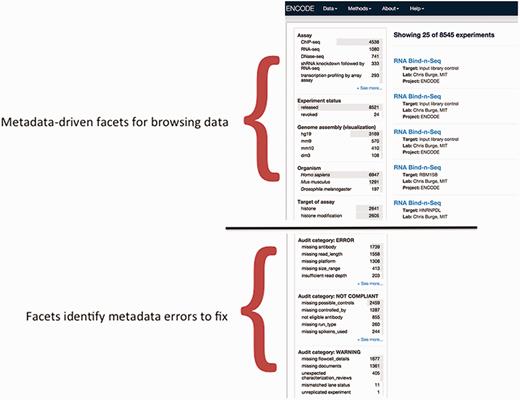 Validation of metadata using audits. The top half of the panel is a screenshot of the metadata-drive facets that can be used for browsing data. The bottom panel is a screenshot of a data audit that is visible to data submitters and the DCC. It includes a list of queries that are performed for inconsistent or incorrect metadata. These audits ensure that the metadata are accurate before data release.