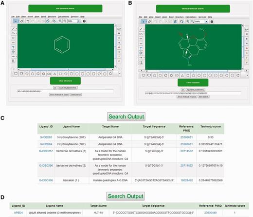 Structural search tool. Screenshot of (A) substructure search tool. (B) identical molecule search tool, (C) outputs of substructure search and (D) outputs of Identical molecule search.