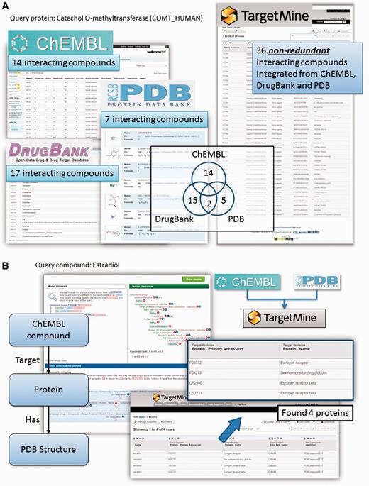 Querying drug–target interactions (DTIs) with TargetMine. (A) TargetMine provides a better coverage of PCIs by using a unified PCI repository than each of the individual data sources. Results are shown for a query ‘Given a protein, find all the compounds that target this protein’, with the protein catechol O-methyltransferase as an example. (B) A query of ‘Given a drug, identify all the targets (in the ChEMBL database) that have been co-crystallized with this drug (in PDB)’ with oestradiol identified four known targets complexed with this drug.