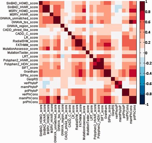 Pairwise Spearman’s rank correlation coefficients between different functional prediction scores.