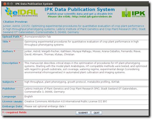 Data publication tool. This screenshot shows the user interface of the submission tool used for data review and publication.