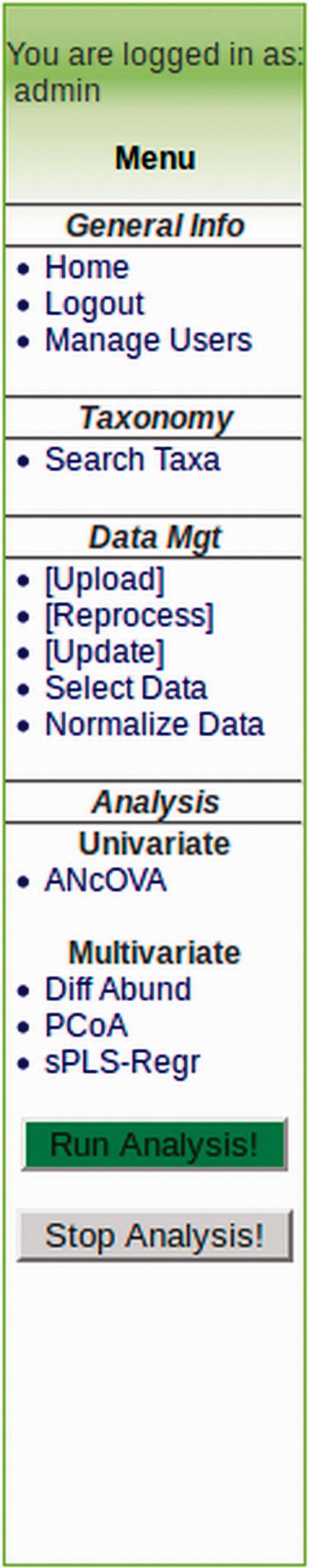 Example menu sidebar for general navigation between myPhyloDB pages and analyses.