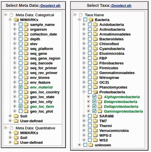 Example metadata and taxonomic selection trees. Any combination of metadata can be selected using the appropriate checkboxes. Under each variable, samples are listed by its sample name (Sample) and the number of sequence reads (Reads). The taxonomic tree is organized by taxonomic rank (first level: Kingdom, second level, Phyla etc.). Any combination of taxa can be selected using the appropriate checkboxes.