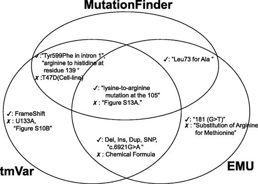 Examples of true and false positives identified by the three methods.