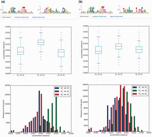Example of motif comparisons in CollecTF. Results of motif comparisons using the pair-wise site Levenshtein distance for: (a) the unrelated LexA-binding motifs of Firmicutes and Gammaproteobacteria and (b) the related LexA-binding motifs of Firmicutes and Actinobacteria. The analysis compares the pair-wise site Levenshtein distance between all site pairs within and between motifs and reports statistical differences among groups.