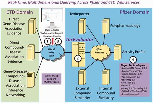 ToxEvaluator Technical Architecture. A ToxEvaluator user (1) initiates a request using the Web-based ToxEvaluator user interface over Pfizer’s virtual/private network. The ToxEvaluator server-side software (2) processes the request, making approximately one dozen multithreaded internal and CTD-based Web service calls, compiling, harmonizing and summarizing the results. A summary report with hyperlinks to more detailed information is then returned (3) to the end user for analysis. Major technologies are summarized (4).