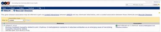 CTD HMGCR—Muscular Diseases reference. CTD target–disease view showing curated article supporting a direct relationship between HMGCR and muscle diseases.