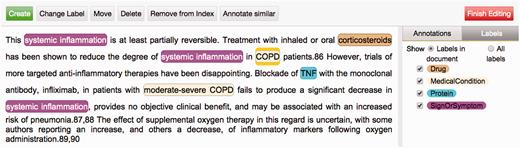 Argo’s Manual Annotation Editor. The graphical interface serves as a visualisation tool, with colourcoded filters for narrowing down the types of annotations displayed. More importantly, it provides buttons that allow users to create, remove and manipulate annotations which can be either simple (e.g. text spanbased) or structured (e.g. relations or events).