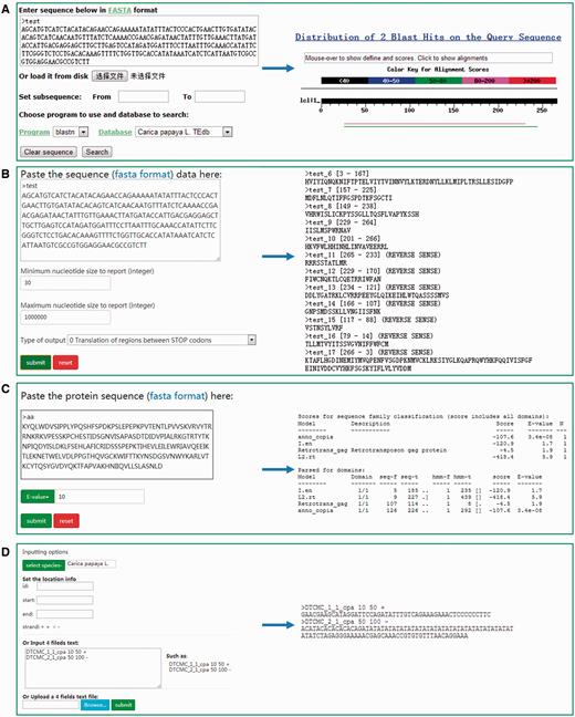 Different analysis tools provided in DPTEdb. (A) BLAST interface of DPTEdb. A sample of BLASTn results is shown. (B) GetORF interface of a test DNA sequence and snapshots of output results. (C) Interface of HMMER and a sample of protein sequence analyzed by HMMER. (D) Snapshots of the interface of the Cut sequence tool.