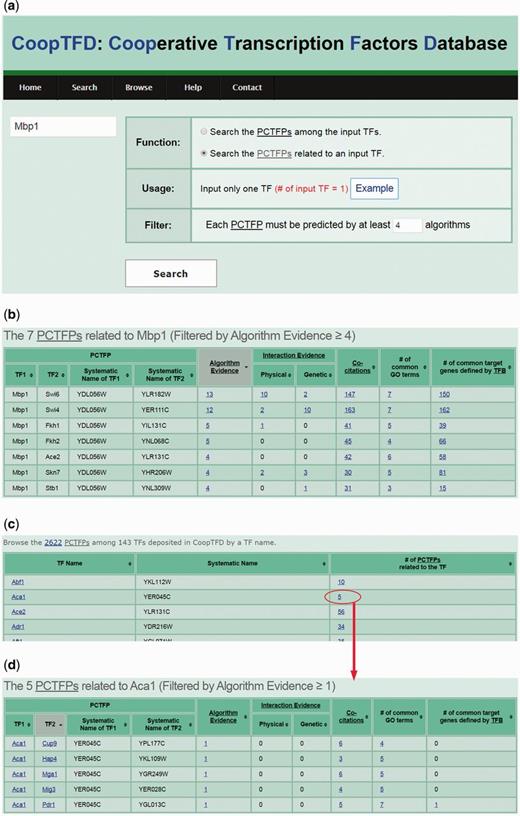 The second search mode and the browse mode. (a) In the second search mode, users can input a TF of interest and specify the lowest number of algorithms that should predict a PCTFP. (b) After submission, CoopTFD returns a table listing all PCTFPs that are related to the input TF and satisfied the specification. (c) In the browse mode, users can browse CoopTFD by a TF name. (d) When clicking on the number in the column of ‘# of PCTFPs related to the TF’, CoopTFD returns a table listing five types of validation information of each PCTFP that is related to the TF.